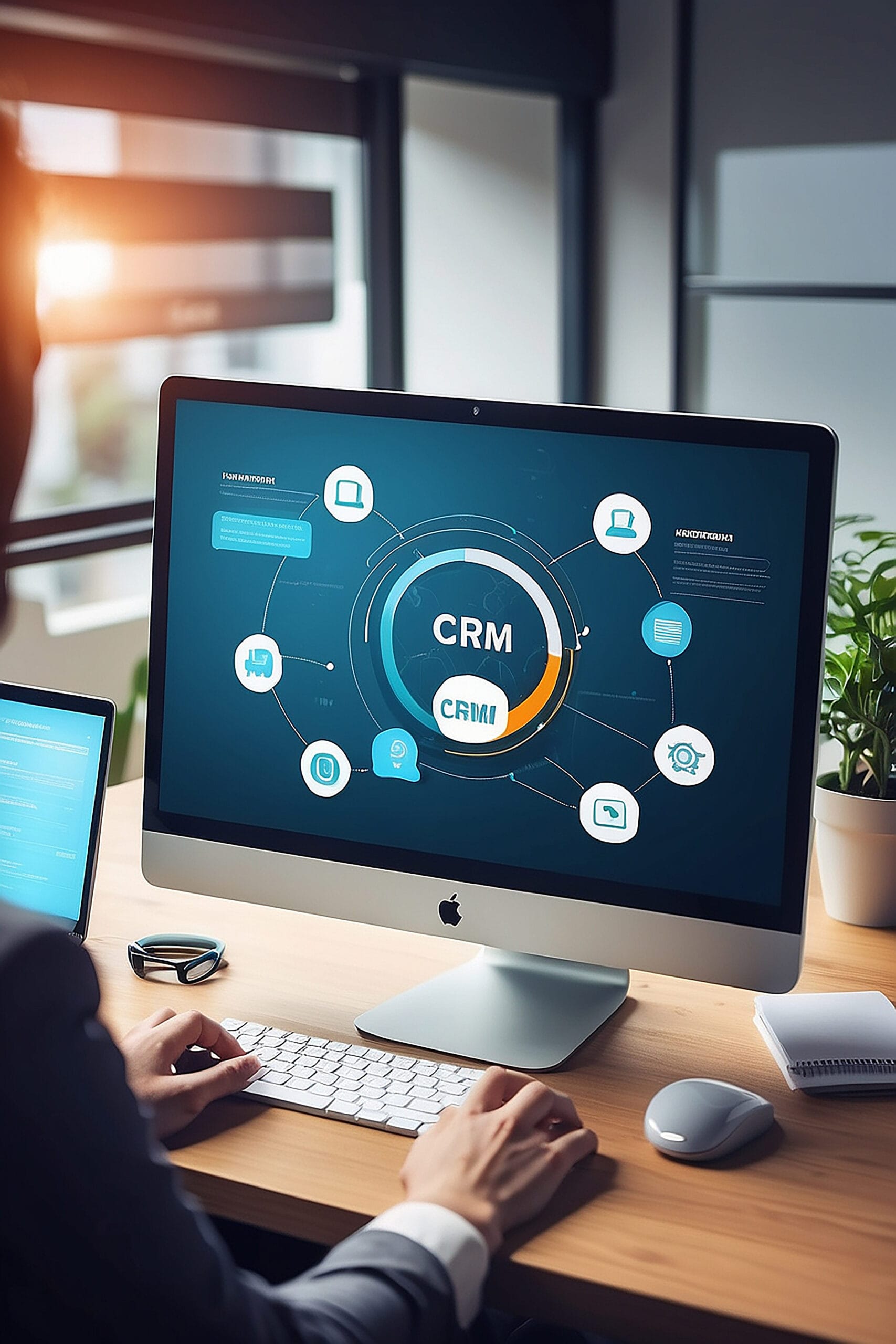 Customer relationship management system on modish computer for CRM business En mann som jobber med pc-en med CRM system